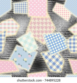 Seamless background pattern. Imitation of a retro patchwork pattern on a rough canvas fabric texture.