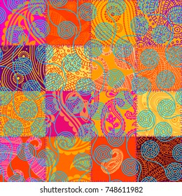 Seamless background pattern. Imitation of a retro patchwork in indian style with curly ornament.