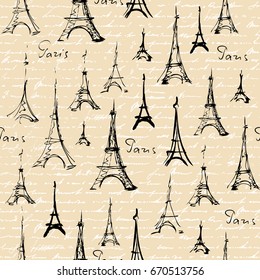 Seamless background pattern. Imitation of a vantage collage with a Paris lettering.