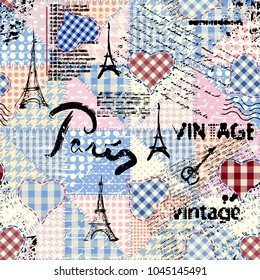 Seamless background pattern. Imitation of a vintage scrapbook collage with a Paris lettering. Vector image.