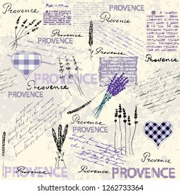 Seamless background pattern. Imitation of a vintage scrapbook collage with a Provence lettering. Vector image.