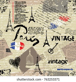 Seamless background pattern. Imitation of a vintage scrapbook collage with a Paris lettering.