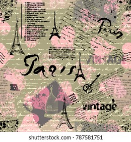 Seamless background pattern. Imitation of a vintage scrapbook collage with a Paris lettering.