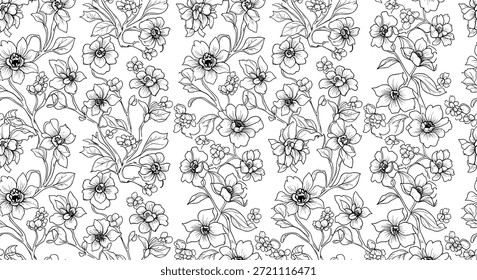 Padrão de fundo contínuo de vinhas floridas complexas ilustradas em estilo de arte de linha preto e branco para papelaria elegante e design de tecido.