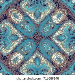 Seamless background pattern. Irregular decorative geometric mosaic art tile pattern from uneven broken pieces. Turquoise colors mosaic.