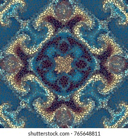 Seamless background pattern. Irregular decorative geometric mosaic art tile pattern from uneven broken pieces. Turquiose colors mosaic.