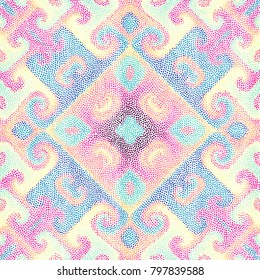 Seamless background pattern. Irregular decorative mosaic art tile pattern from small dots. White background.