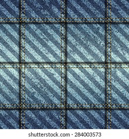 Seamless background pattern. Jeans patchwork with diagonal grunge strikes.