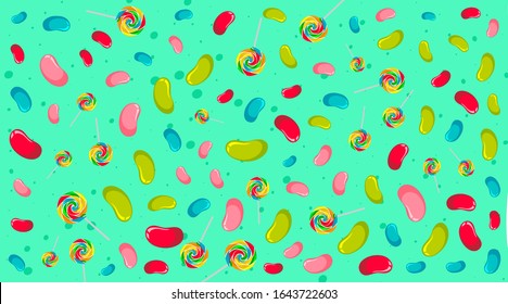 Seamless background pattern with jelly beans and lollipops illustration