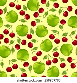 Seamless background with a pattern of juicy ripe red cherries and green apples