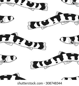 Seamless background with a pattern of kuhli loach. Graphic art. Hand drawn