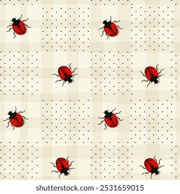 Seamless background pattern with ladybugs and polka dots. Vector template for your design
