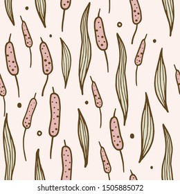 Seamless background pattern with leaf, plants, grass. Hand draw botanic vector stock illustration, EPS 10.
