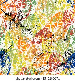seamless background pattern, with leaves, paint strokes and splashes
