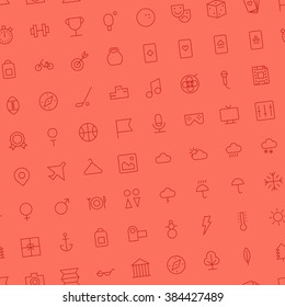Seamless background pattern for leisure, sport and travel made of thin line icons. Vector illustration.