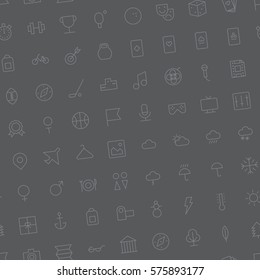Seamless background pattern for leisure, sport and travel made of thin line icons. Vector illustration.
