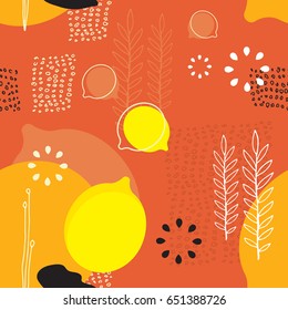 Seamless background pattern Lemons and floral elements Scandinavian design style