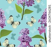 Seamless background pattern of lilac branches with white butterflies. Cabbage butterflies
.  Realistic lilac pattern branch with flowers and leaves on a white background. Vector.