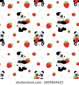 Seamless background pattern of little panda with strawberry
