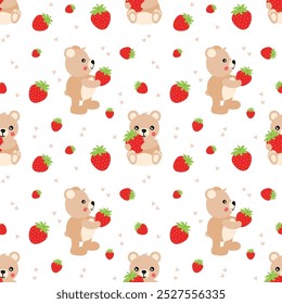 Seamless background pattern of little teddy bear with strawberry
