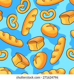 Seamless background with a pattern of long loaf, bread and pretzels