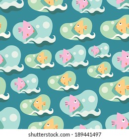 Seamless background pattern with lovely cartoon fishes. Underwater, sea, ocean theme. Vector illustration