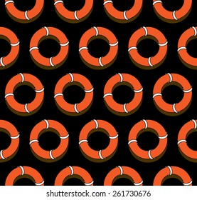 Seamless background pattern made from orange lifebuoys on black background. It is good background for website, blog, polygraphs products of sea thematics. Also it going to be good as a fabric texture.
