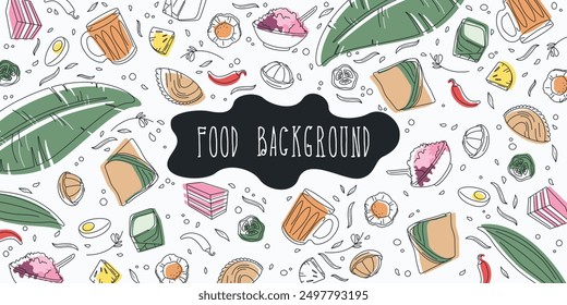 Seamless background pattern of Malaysia food, dessert, snack and sweet. Outline style doodle with colorful design . Banner,  vector illustration, white background.