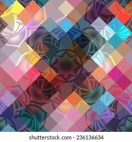 Seamless background pattern of mandala symbols on multicolor pixels background.