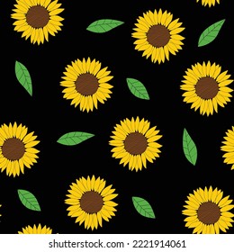 Seamless background pattern with many sunflowers on black background. Vector illustration.