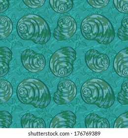 Seamless background, pattern with marine seashells and starfish contours. Vector