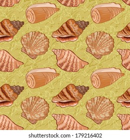 Seamless background, pattern with marine seashells and contour. Vector