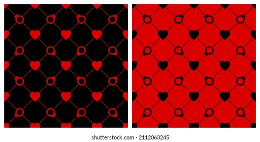 Seamless background pattern. Mesh fence chains shackle heart red black. Texture design for fabric, tile, banner, template, card, poster, backdrop, wall. Vector illustration.