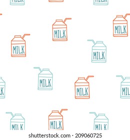Seamless background pattern with milk carton. Cute sketch style. Vector illustration