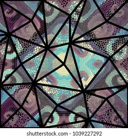 Seamless background pattern. Mosaic art pattern of triangles of different tile textures. Vector image.