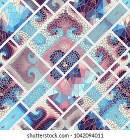 Seamless background pattern. Mosaic art pattern of rectangles of different tile textures. Vector image.