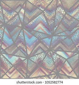 Seamless background pattern. Mosaic art pattern of triangles of different tile textures. Vector image.