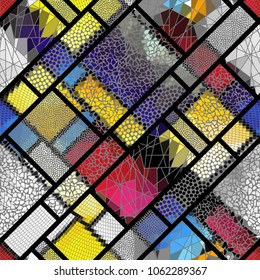 Seamless background pattern. Mosaic art pattern of rectangles of different tile textures. Vector image.