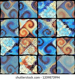 Seamless background pattern. Mosaic art pattern based on Art Nouveau style. Block design of squares. Vector image.