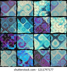 Seamless background pattern. Mosaic art pattern based on Art Nouveau style. Block design of squares. Vector image.