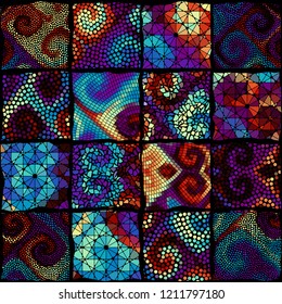 Seamless background pattern. Mosaic art pattern based on Art Nouveau style. Block design of squares. Vector image.