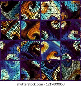 Seamless background pattern. Mosaic art pattern based on Art Nouveau style. Block design of squares. Vector image.