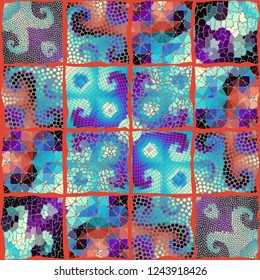Seamless background pattern. Mosaic art pattern based on Art Nouveau style. Block design of squares. Vector image.