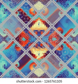 Seamless background pattern. Mosaic art pattern based on Art Nouveau style. Block design of squares. Vector image.