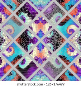 Seamless background pattern. Mosaic art pattern based on Art Nouveau style. Block design of squares. Vector image.