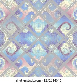 Seamless background pattern. Mosaic art pattern based on Art Nouveau style. Block design of squares. Vector image.