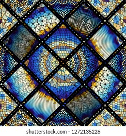 Seamless background pattern. Mosaic art pattern based on Art Nouveau style. Block design of squares. Vector image.