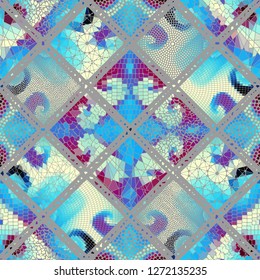 Seamless background pattern. Mosaic art pattern based on Art Nouveau style. Block design of squares. Vector image.
