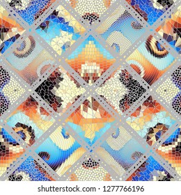 Seamless background pattern. Mosaic art pattern based on Art Nouveau style. Block design of squares. Vector image.