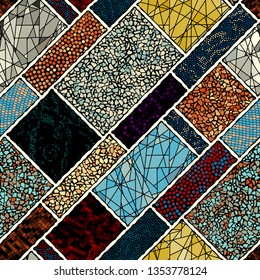 Seamless background pattern. Mosaic art pattern of rectangles of different tile textures. Vector image.
